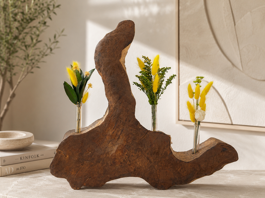 Sculpture décorative en bois exotique avec soliflores