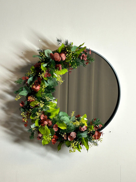 Miroir décoré de mousse et plantes stabilisées 37 cm.