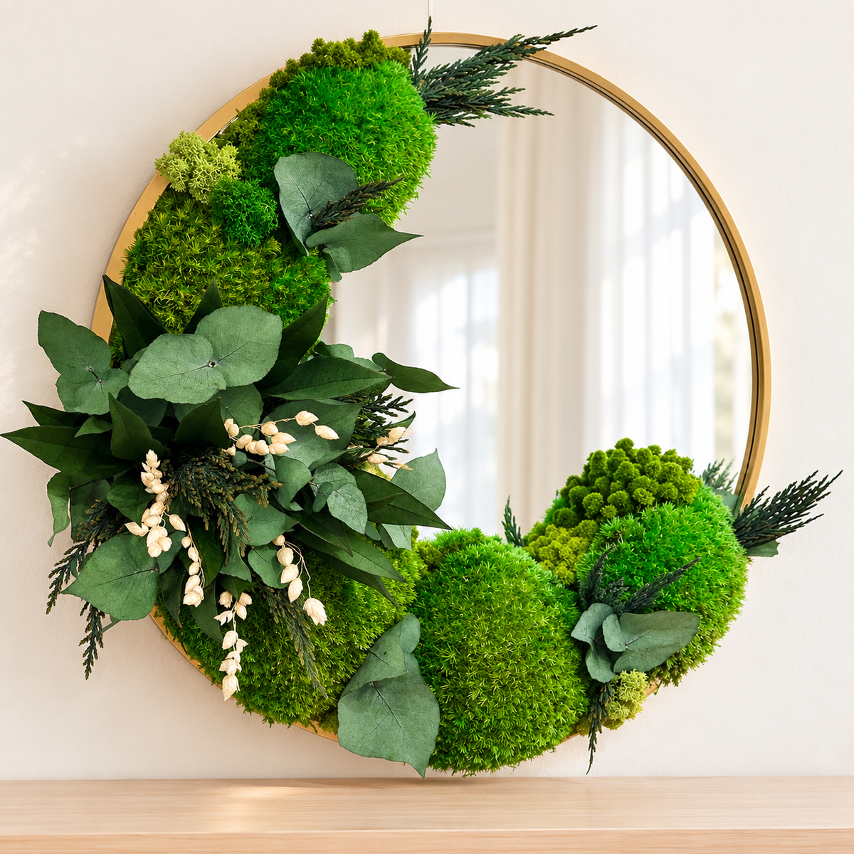 Miroir rond avec mousse et végétaux stabilisés « Nature »