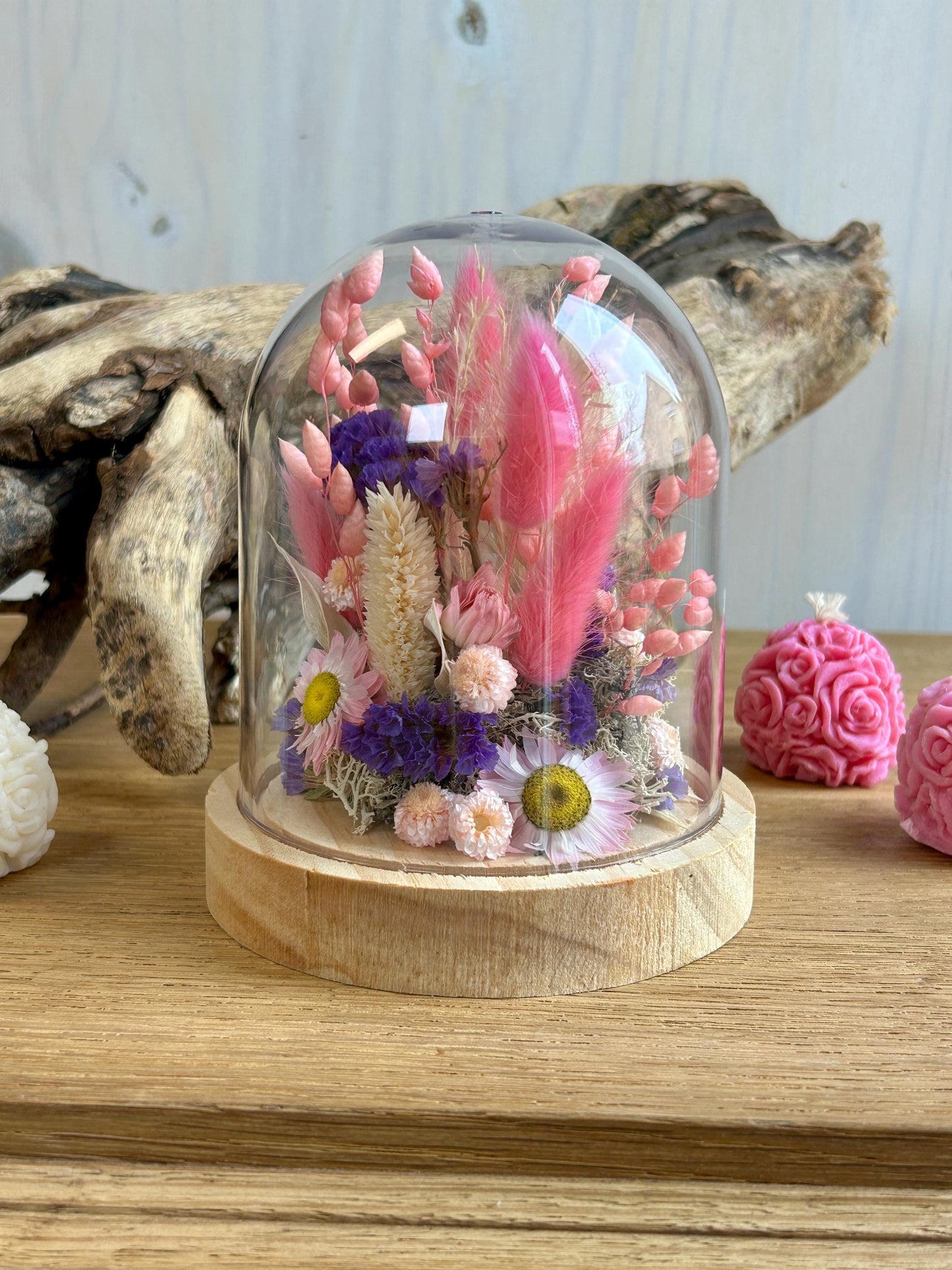Cloche de fleurs séchées “Flamant rose”