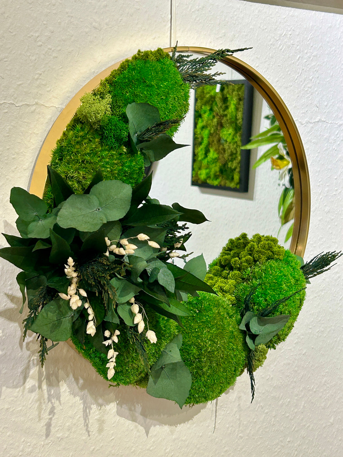 Miroir rond avec mousse et végétaux stabilisés « Nature »