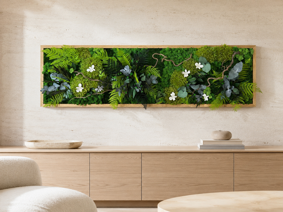 Tableau végétal stabilisé grand format Calista – cadre artisanal en bois massif