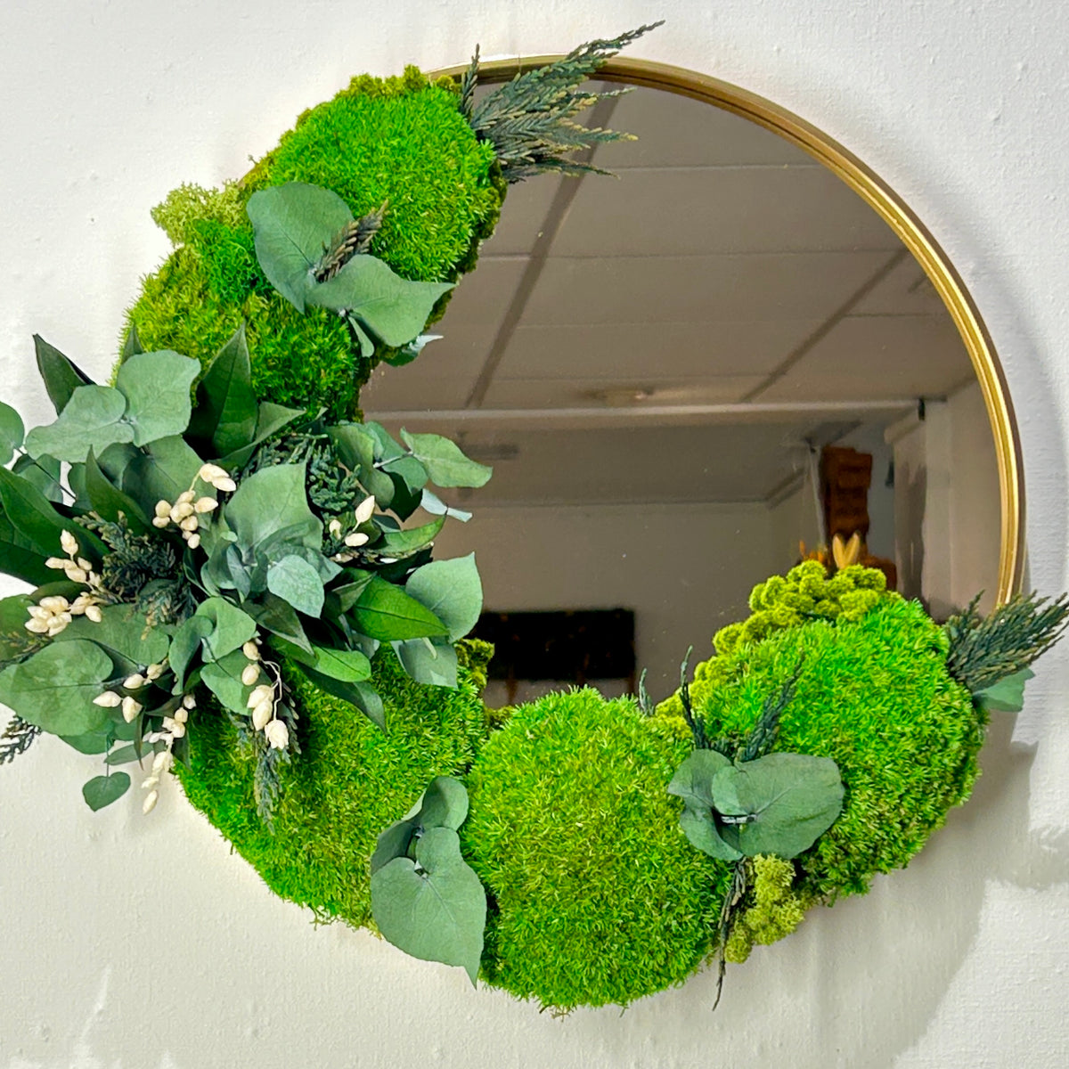 Miroir rond avec mousse et végétaux stabilisés « Nature »
