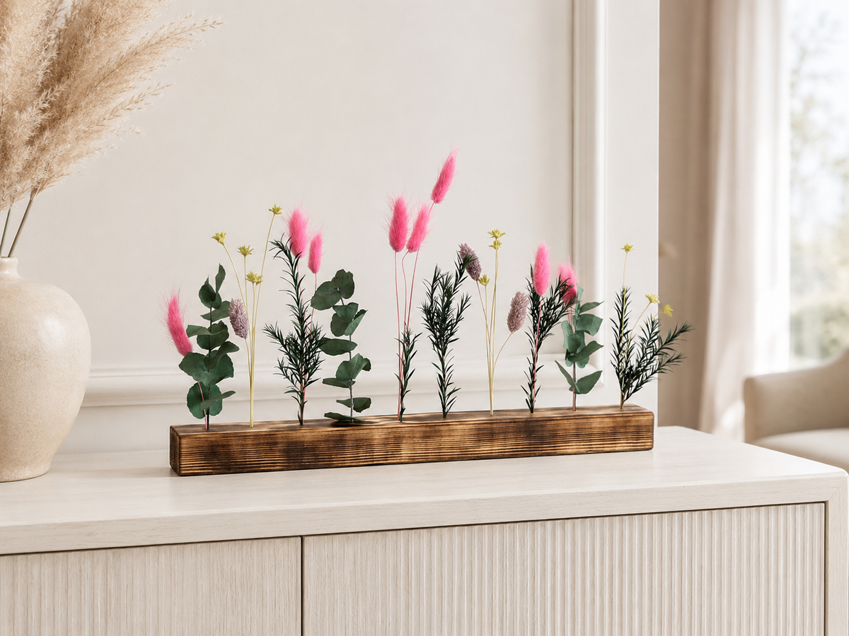 Barre florale en bois finition brûlée 30 cm – fleurs séchées et végétaux stabilisés