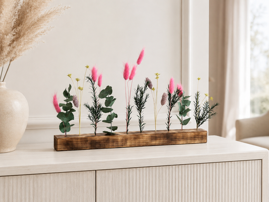 Barre florale en bois finition brûlée 30 cm – fleurs séchées et végétaux stabilisés
