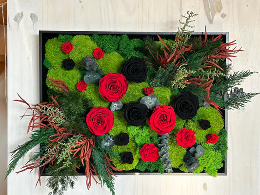 Tableau végétal stabilise avec fleurs roses rouges et noirs, Cadre avec plantes style moderne