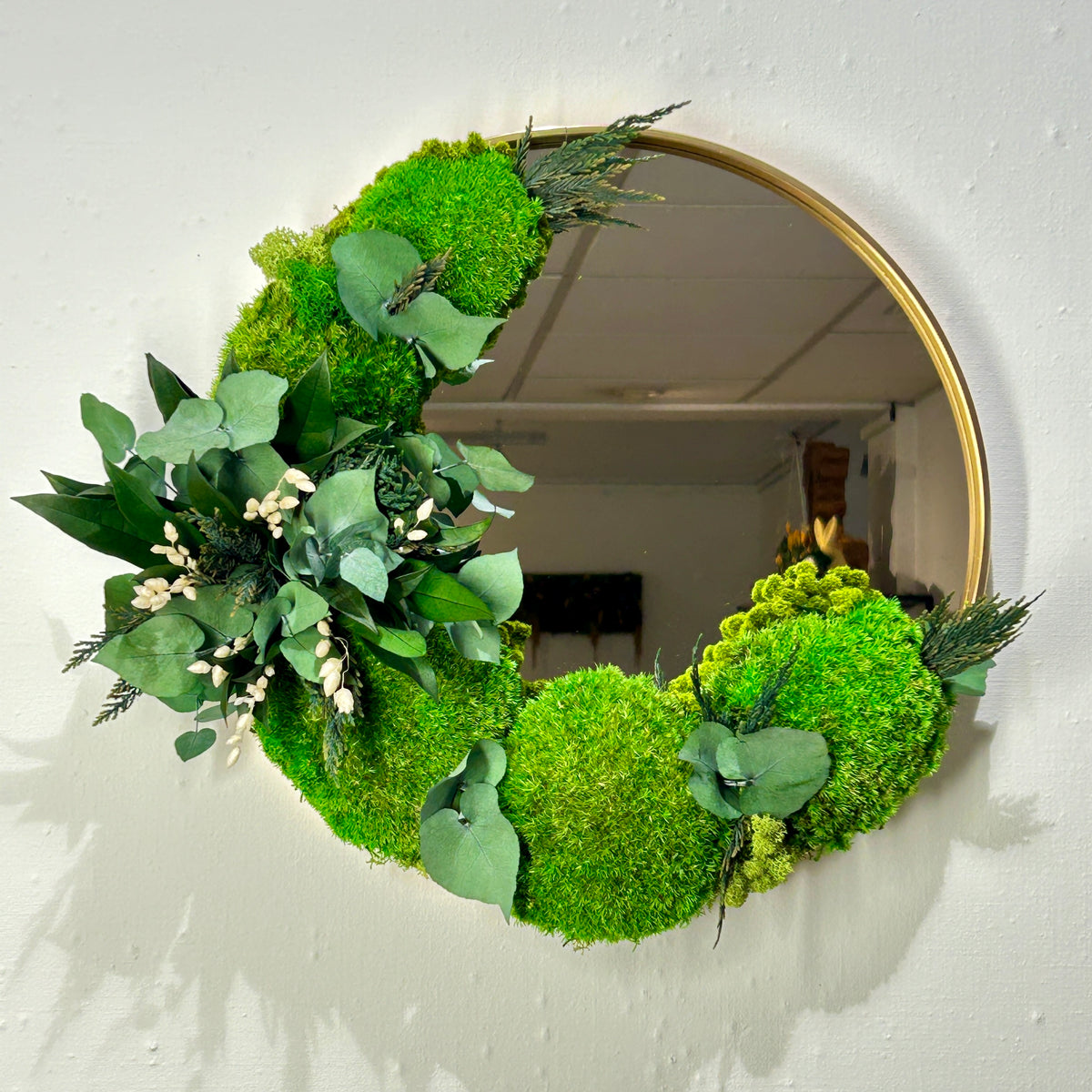 Miroir rond avec mousse et végétaux stabilisés « Nature »