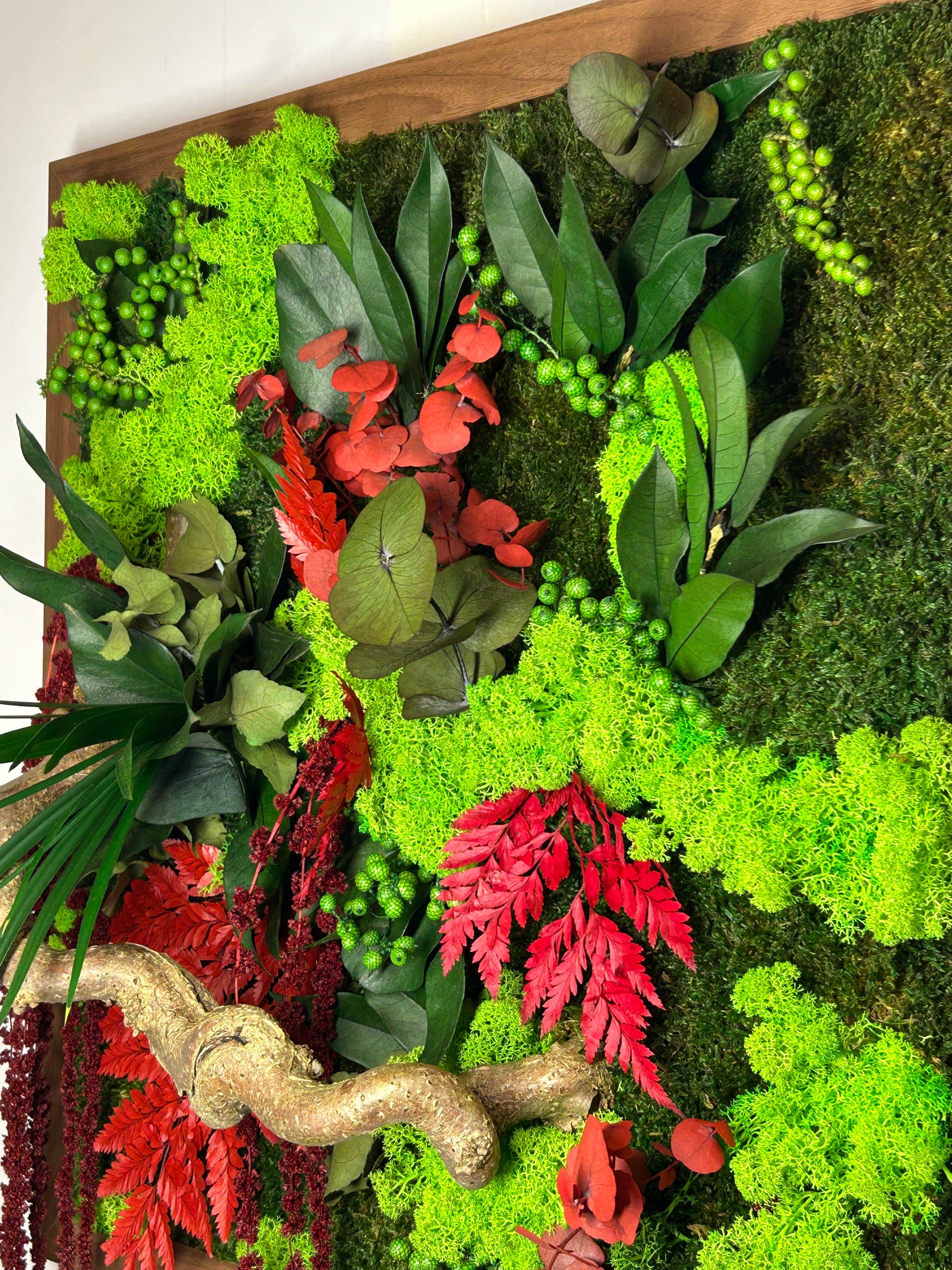 Tableau végétal stabilisé artisanal avec feuillages rouges et verts, décoration murale