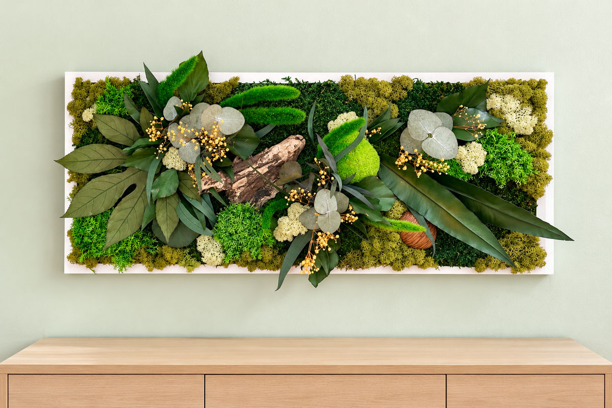 Tableau végétal stabilisé « Jade » – Cadre végétal panoramique – Mousses et plantes naturelles – Décoration murale artisanale