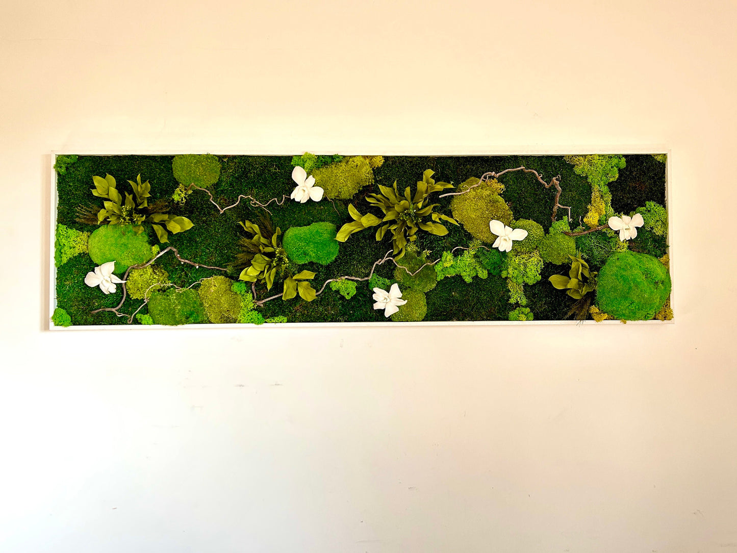 Tableau XXL panoramique et vertical avec mousse et plantes et fleurs stabilise sans arrosage, décoration mural pour salon, chambre, hôtel, restaurant, salle d'attente 