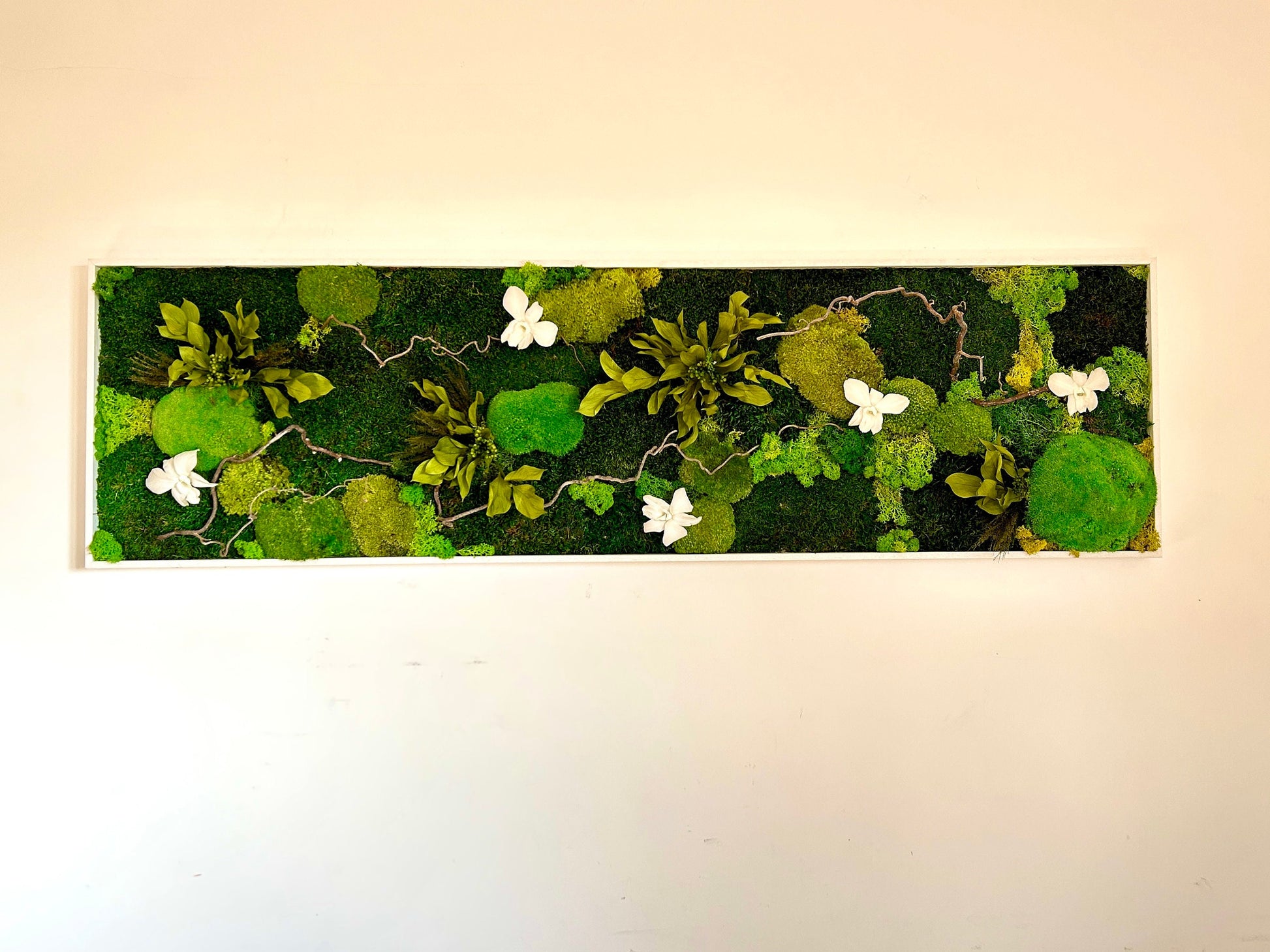 Tableau XXL panoramique et vertical avec mousse et plantes et fleurs stabilise sans arrosage, décoration mural pour salon, chambre, hôtel, restaurant, salle d'attente 