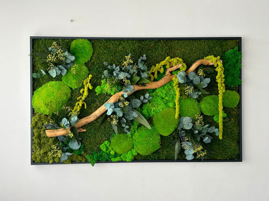Grand cadre vegetal stabilise en mousse et eucaliptus lichen et amarant, Panneau mural avec plantes veritables et mousse stabilise