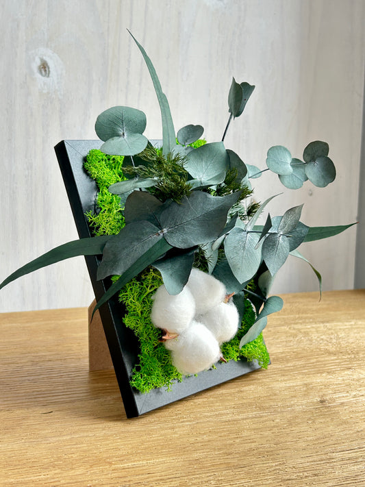 Cadre végétal stabilisé avec fleurs blanches, eucalyptus stabilisé, décoration, murale Verdura Diamond 