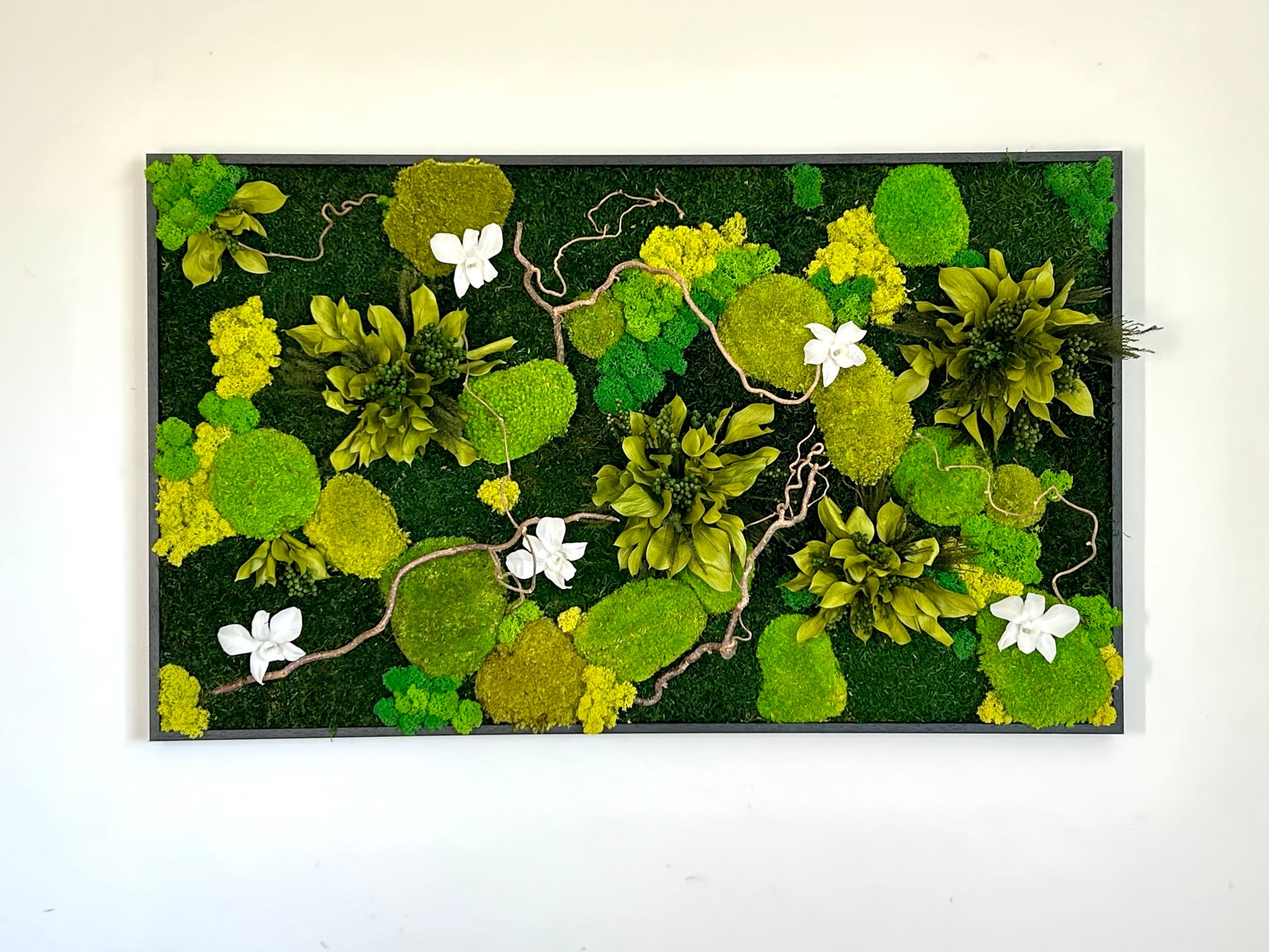Grand panneau vegetal stabilise avec mousse et plantes et fleurs orchidée stabilisées. Cadre avec plantes et fleurs blanches.